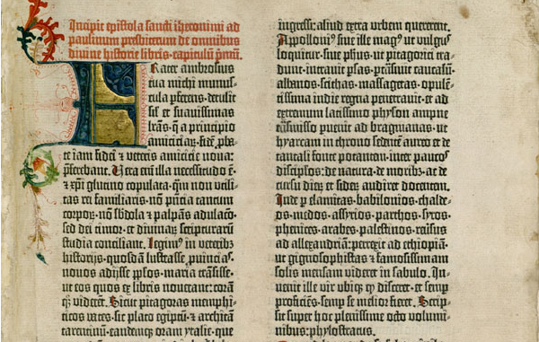 Blackletter in the Gutenburg Bible via Scan by Ransom Center of the University of Texas at Austin http://www.hrc.utexas.edu/exhibitions/permanent/gutenberg/